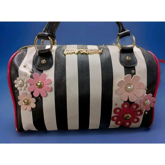 Betsey Johnson Satchel Handbag Purse B&W Stripe W/ Flower Applique Pink Border - Picture 1 of 16